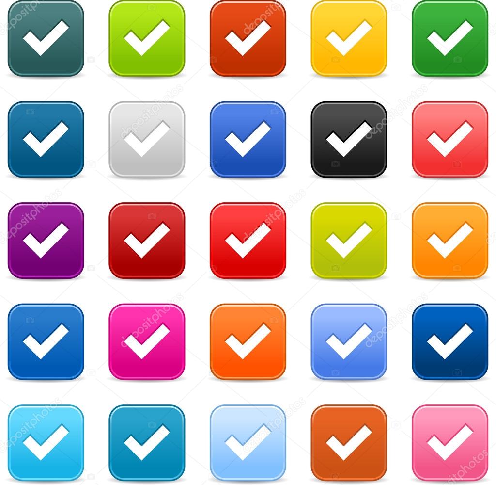 25 smooth satined web 2.0 button with check mark sign. Colored rounded square shapes with gray shadow on white background. This vector illustration saved in 8 eps