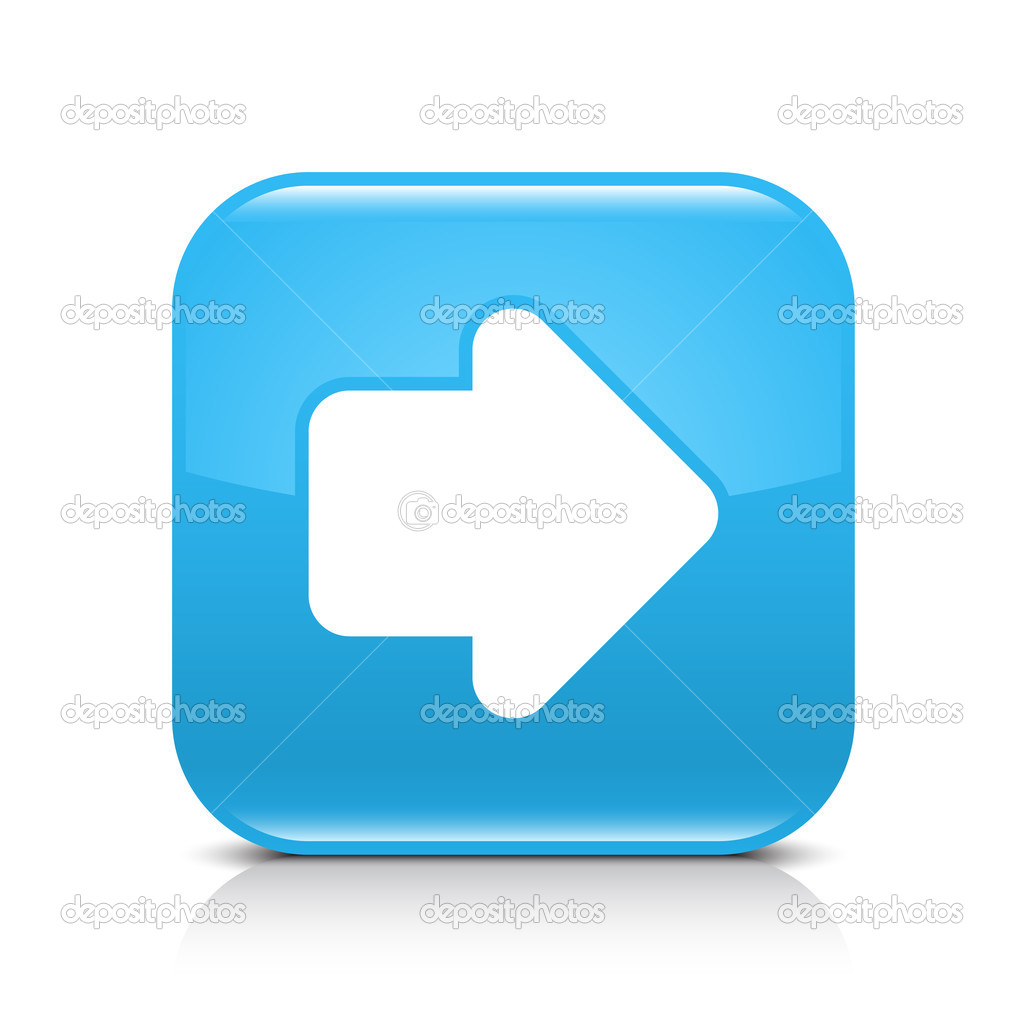 Blue glossy internet button with arrow right symbol. Rounded square shape icon with shadow and reflection on white background. This vector illustration created and saved in 8 eps