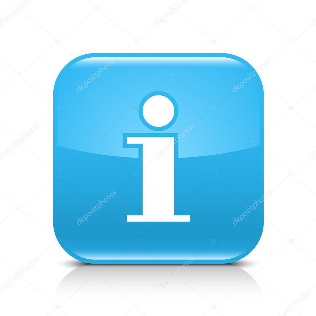 Blue glossy web button with information sign. Rounded square shape icon with shadow and reflection on white background. This vector illustration created and saved in 8 eps