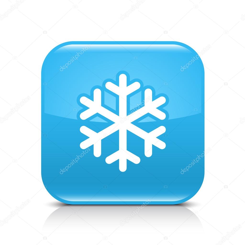 Blue glossy web button with low temperature sign snowflake symbol. Rounded square shape icon with black shadow and gray reflection on white background. This vector illustration saved in 8 eps