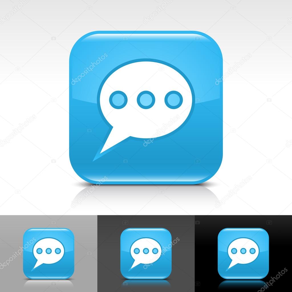 Blue glossy web button with white chat room sign.
