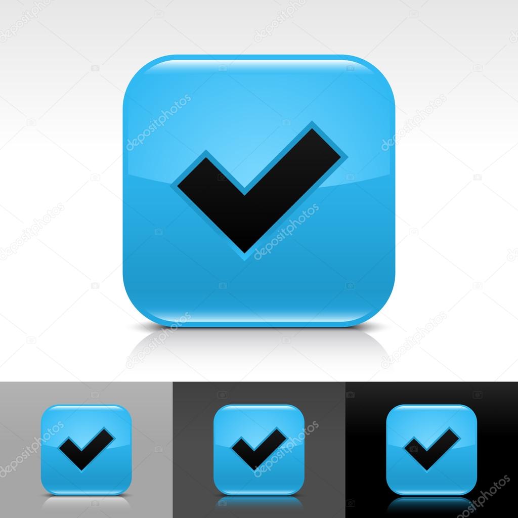 Blue glossy web button with black check mark sign.