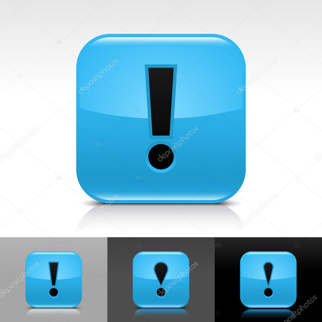 Blue glossy web button with black exclamation mark sign