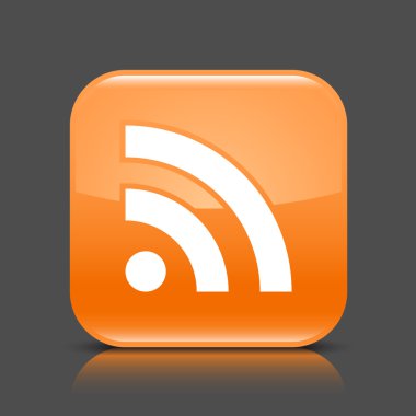 besleme rss ile turuncu parlak web düğmesine işaret. kare şekli simge siyah gölge ve koyu gri arka plan üzerinde renkli yansıma yuvarlak. 8 eps kaydedilen bu vektör çizim