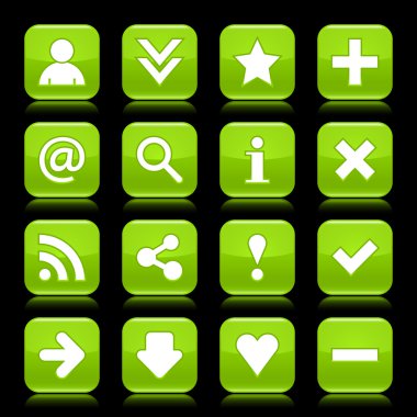 Glossy green button with basic sign. Rounded square shape internet web icon with color reflection on black background. This vector illustration saved 8 eps clipart