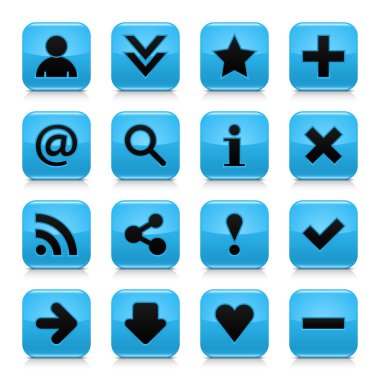 siyah temel işareti ile 16 parlak mavi düğme. yuvarlatılmış kare şekli web Internet simge yansıma gri ve beyaz zemin üzerine koyu gölge ile. vektör resim küçük resim tasarım öğeleri 8 eps kurtardı