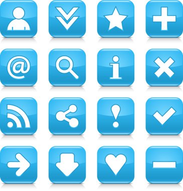 temel işaret ile 16 parlak mavi düğme. yuvarlatılmış kare şekli Internet web simge siyah gölge ve yansıma beyaz arka plan ile. Bu vektör çizim tasarım öğeleri 8 eps kurtardı