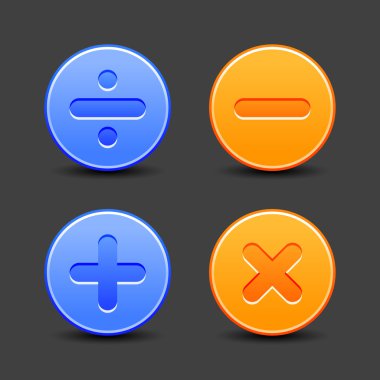 Satined calculator icons. Blue and orange web buttons with black shadow on gray background. Division, minus, plus, multiplication signs for internet site. Vector illustration design element in 8 eps clipart