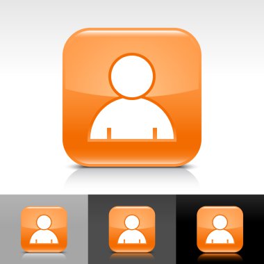 Beyaz kullanıcı profili işareti ile turuncu parlak web düğme. yuvarlatılmış kare şekli simge yansıma, beyaz, gri, siyah arka plan üzerine gölge ile. çizimde web tasarım öğeleri 8 EPS vektör