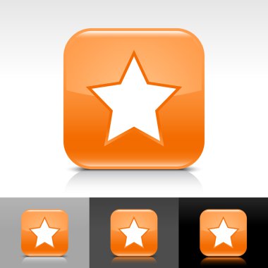 Beyaz Yıldız işareti ile turuncu parlak web düğme. yuvarlatılmış kare şekli simge yansıma, beyaz, gri, siyah arka plan üzerine gölge ile. çizimde web tasarım öğeleri 8 EPS vektör