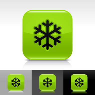 düşük sıcaklık siyah kar tanesi işareti ile yeşil parlak web düğme. Gölge, yansıma beyaz, gri, siyah zemin üzerine yuvarlak kare şekli simgesi.