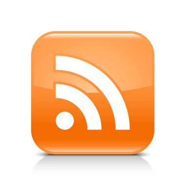 besleme rss ile turuncu parlak web düğmesine işaret. Gölge ve yansıma beyaz zemin üzerine yuvarlak kare şekli simgesi. Bu vektör çizim oluşturmuş ve 8 eps