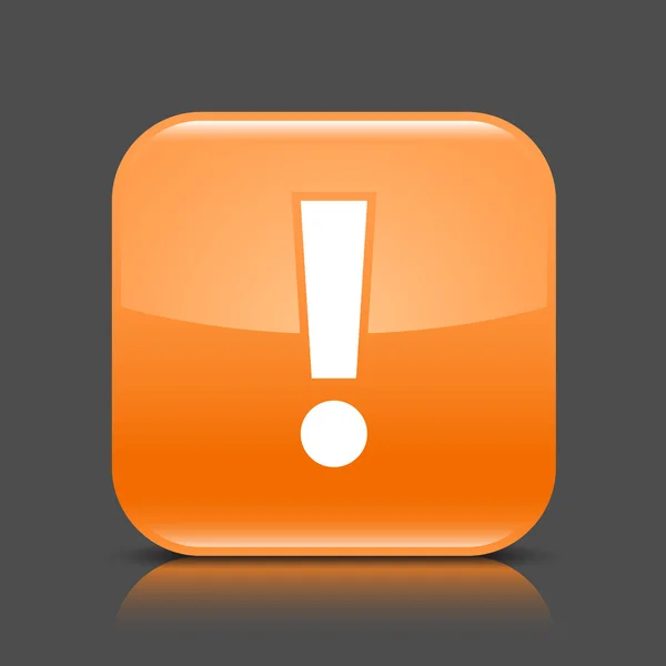 Bouton web brillant orange avec panneau d'avertissement d'attention. Icône arrondie de forme carrée avec ombre noire et réflexion colorée sur fond gris foncé. Cette illustration vectorielle créée et enregistrée en 8 eps — Image vectorielle