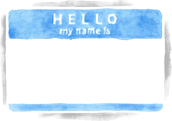 Имя наклейка HELLO мое имя на белом фоне. Пустой синий бейдж окрашенный вручную рисовать технику акварели. Этот векторный иллюстрирующий элемент клип-арта для дизайна сохранен в 10 eps — стоковый вектор