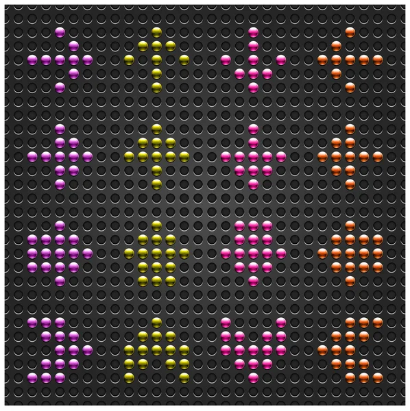 Symbole de flèche en métal chromé sur fond de texture perforée pointillée noire. Couleurs vert, bleu, orange et rouge. Ce fichier enregistré dans un format 10 eps — Image vectorielle