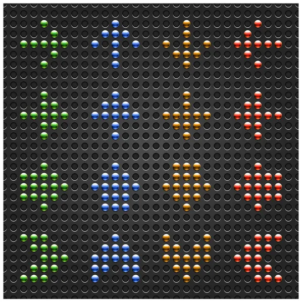 Pfeil-Symbol aus verchromtem Metall auf schwarz gepunktetem perforiertem Hintergrund. grün, blau, orange und rot. diese Datei im Format 10 eps gespeichert — Stockvektor