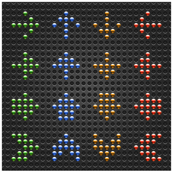 Хром металл стрелка символ на черном пунктирном перфорированном фоне текстуры. Зеленый, синий, оранжевый и красный цвета. Этот файл сохранен в формате 10 eps
