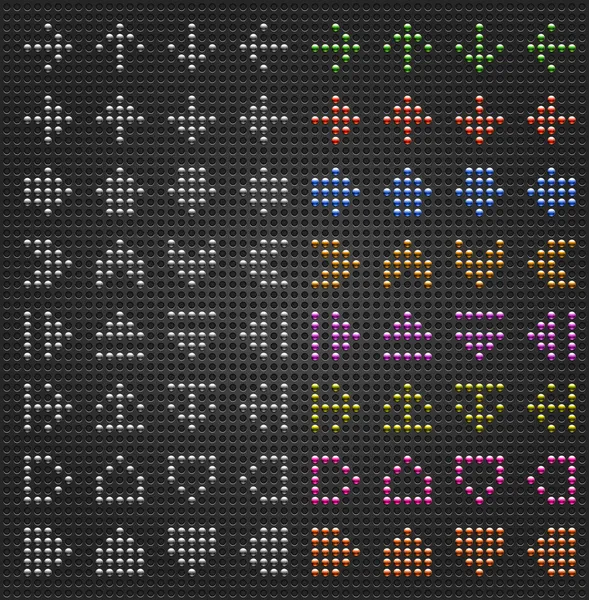 64 chromované kovové šipka označení na kovových bezešvé pattern. 8 odstínů. tečkované černé perforované texturu pozadí. Tento vektorový obrázek soubor uložen ve formátu 10 eps — Stockový vektor
