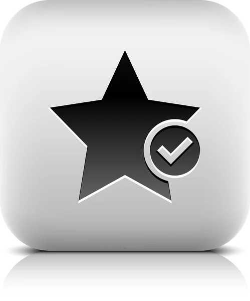 Estrella icono web signo favorito con glifo de marca de verificación. Botones de serie estilo piedra. Forma cuadrada redonda con sombra negra y reflejo gris sobre fondo blanco. Elemento de diseño de ilustración vectorial 8 eps — Vector de stock