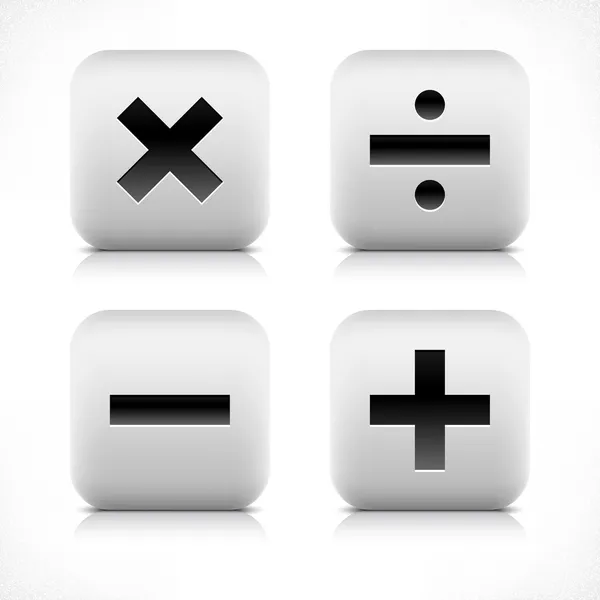 石造りの web ボタン電卓アイコン。部門、マイナス、プラス、乗算記号。白は黒い影と白い背景の上の灰色の反射と正方形を丸められます。ベクトル図 8 eps 形式で保存 — ストックベクタ