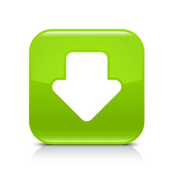Verde botón web brillante con la flecha signo de descarga — Vector de stock