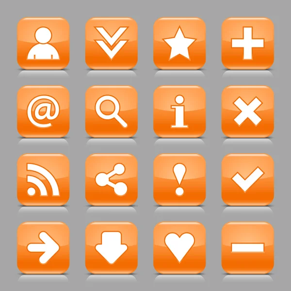 16 glanzende oranje knop met witte fundamentele teken. afgerond vierkant internet web icoon met zwarte schaduw en reflectie op de lichtgrijze achtergrond. deze vector illustratie ontwerpelementen opgeslagen 8 eps — Stockvector