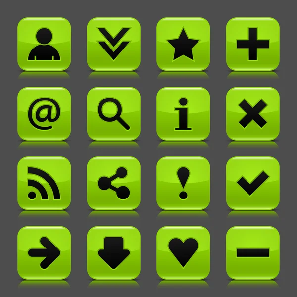 16 grön ikon med grundläggande web svarta tecken. glansigt rundade kvadratisk form internet knapp med droppa skugga och färg öppenhet reflektion mörkgrå bakgrund. vektor illustration design elements 8 eps — Stock vektor