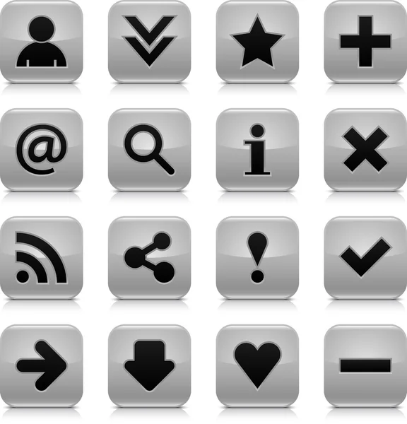 16 glossy gray button with black basic sign. Rounded square shape internet web icon with dark shadow and gray reflection on white background. This vector illustration design elements saved 8 eps — 스톡 벡터