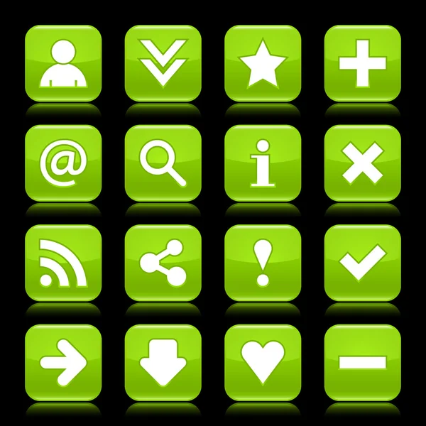 Glänzend grüner Knopf mit Grundzeichen. abgerundete quadratische Form Internet-Web-Symbol mit Farbreflexion auf schwarzem Hintergrund. diese Vektorabbildung gespeichert 8 eps — Stockvektor