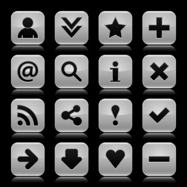 16 скляна сіра ікона з чорним основним знаком. Закруглена кнопка квадратної форми з відбиттям кольору на темно-чорному тлі. Векторні елементи дизайну ілюстрацій, збережені в 8 eps — стоковий вектор