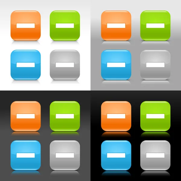 Farbig glänzende Web-Internettaste mit Minuszeichen. abgerundetes quadratisches Symbol mit Schatten und Reflexion auf vier Hintergründen. Dieser Vektor wird in 8 Folgen gespeichert. Effekte und Transparenz nicht enthalten — Stockvektor