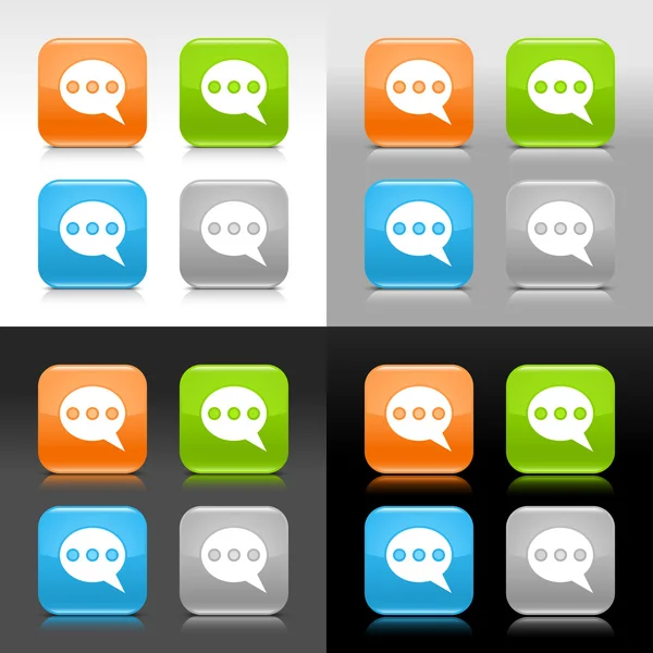 Farbig glänzende Web-Internet-Taste mit Chatroom-Zeichen. abgerundetes quadratisches Symbol mit Schatten und Reflexion auf vier Hintergründen. Dieser Vektor wird in 8 Folgen gespeichert. Effekte und Transparenz nicht enthalten — Stockvektor
