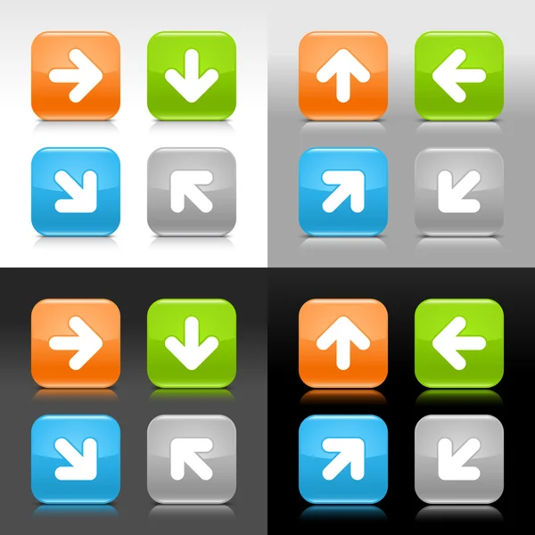 Farbig glänzende Web-Internet-Taste mit Pfeilzeichen. abgerundetes quadratisches Symbol mit Schatten und Reflexion auf vier Hintergründen. Dieser Vektor wird in 8 Folgen gespeichert. Effekte und Transparenz nicht enthalten — Stockvektor