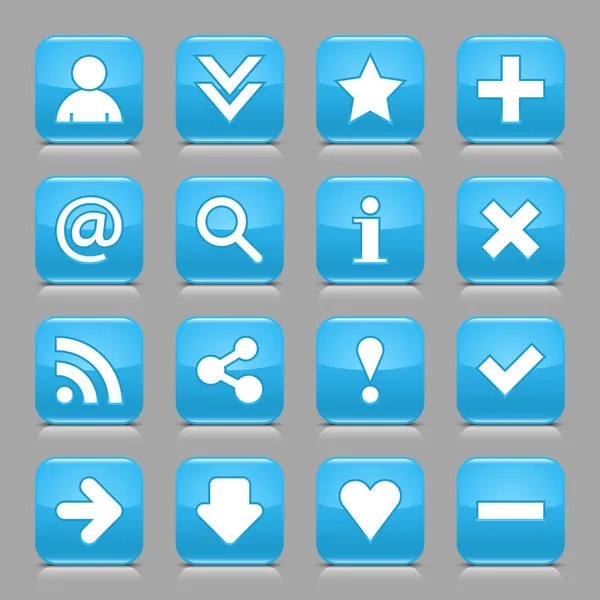 Beyaz temel işareti ile 16 parlak mavi düğme. kare şekli Internet web simge siyah gölge ve yansıma ışık gri arka plan üzerinde yuvarlanır. Bu vektör çizim tasarım öğeleri 8 eps kurtardı — Stok Vektör