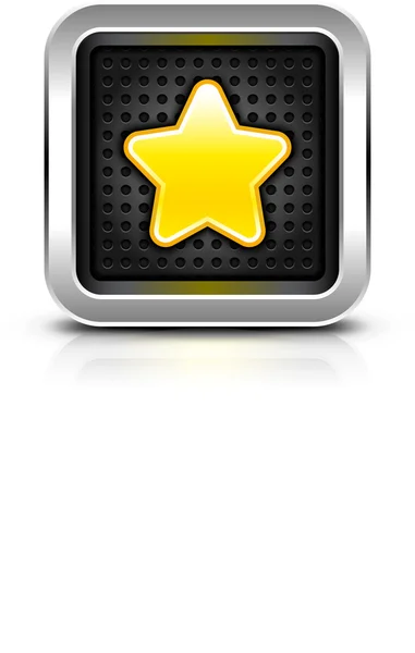 Icono estrella de oro amarillo botón de marco de metal cromado textura de perforación oscura signo brillante negro gota sombra color reflejo fondo blanco. Ilustración vectorial clip-art elemento de diseño guardado en 10 eps — Archivo Imágenes Vectoriales