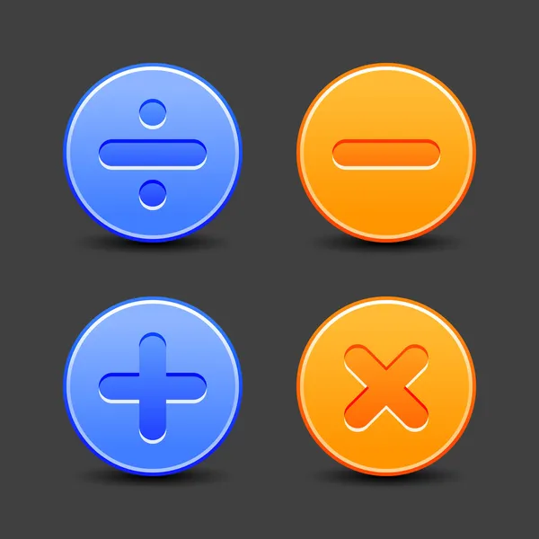 Satined calculator icons. Blue and orange web buttons with black shadow on gray background. Division, minus, plus, multiplication signs for internet site. Vector illustration design element in 8 eps — Stock Vector