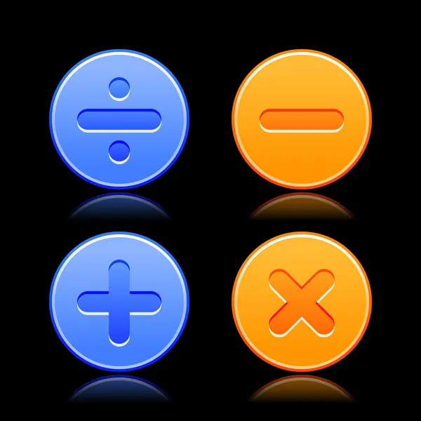 Division, minus, plus, multiplication signs on satin calculator icons. Blue and orange web buttons with reflection on black background. for internet site. Vector illustration design element in 8 eps — Stock Vector