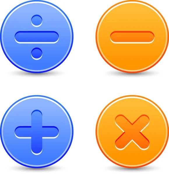 Satin calculator icons. Orange and blue web buttons with shadow on white background. Division, minus, plus, multiplication signs for internet. Vector illustration clip-art design elements saved 8 eps — Stock Vector