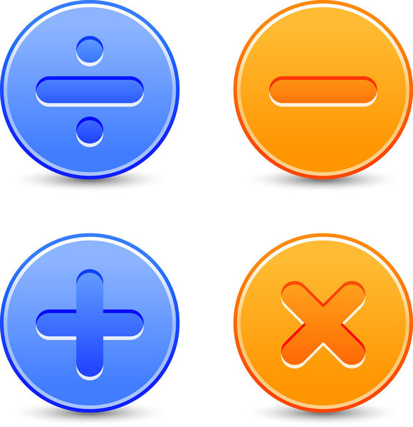 Satin calculator icons. Orange and blue web buttons with shadow on white background. Division, minus, plus, multiplication signs for internet. Vector illustration clip-art design elements saved 8 eps