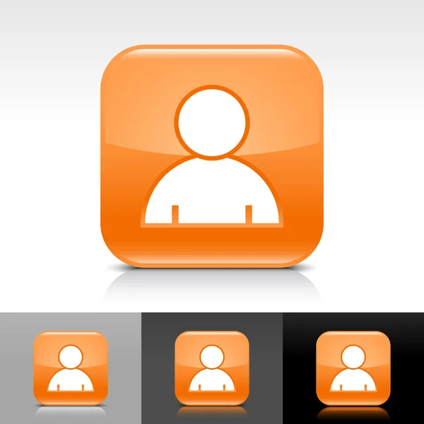 Orange glossy web button with white user profile sign. Rounded square shape icon with reflection, shadow on white, gray, black backgrounds. Vector illustration web design elements in 8 eps — 스톡 벡터