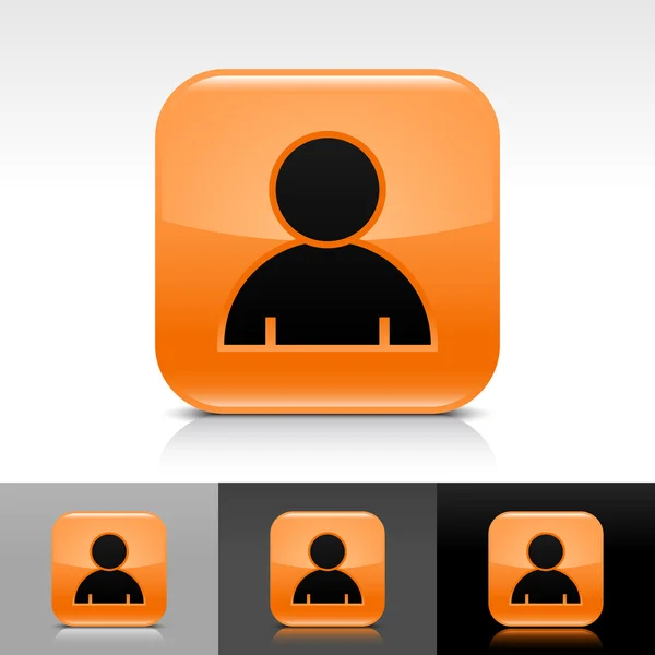 Оранжевая веб-кнопка с черным знаком профиля пользователя. Иконка округлой квадратной формы с тенью, отражение на белом, сером, черном фоне. Вектор 8 . — стоковый вектор