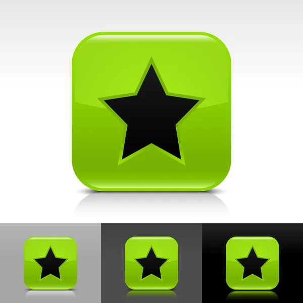 Zelený lesklý web tlačítko s černými Hvězdné znamení. zaoblený tvar ikona s stín a reflexe na bílé, šedé a černé pozadí. eps vektorové 8. — Stockový vektor