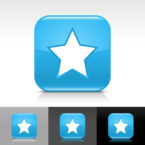 Modrý lesklý web tlačítko s bílým Hvězdné znamení. zaoblený tvar ikona s odleskem, stín na bílé, šedé, černé pozadí. vektorové ilustrace web design prvků v 8 eps — Stockový vektor