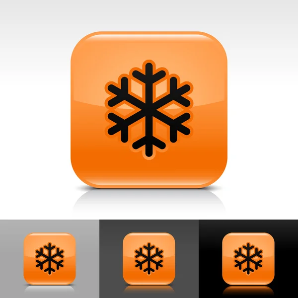 Orange glossy web button with low temperature black snowflake sign. Rounded square shape icon with shadow, reflection on white, gray, black background. — Stock Vector
