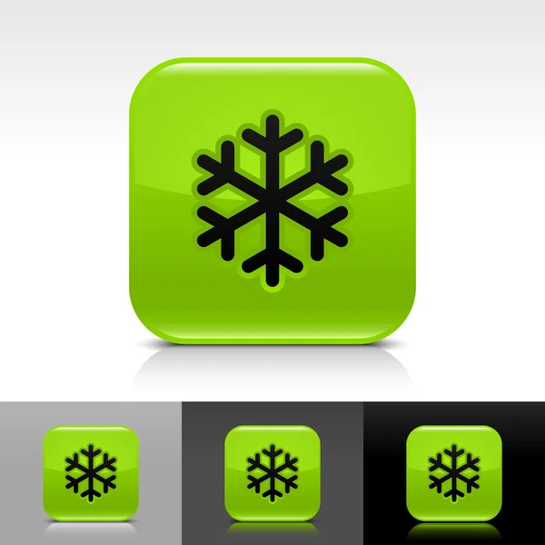 低温黒スノーフレーク記号の付いた緑の光沢があるウェブ ボタン。影、白、灰色、黒の背景に反射と丸みを帯びた正方形アイコン. — ストックベクタ