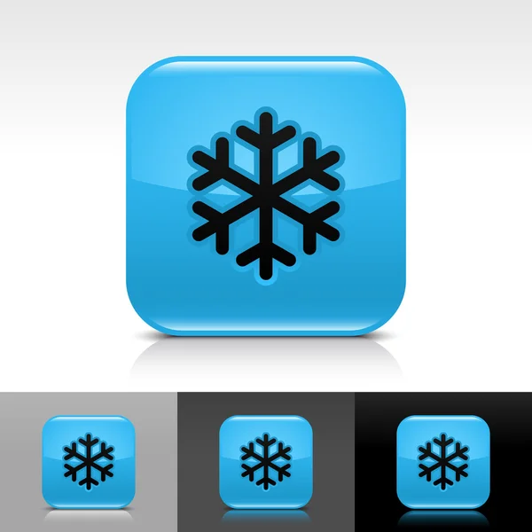 Kék fényes web gomb-val alacsony hőmérsékletű fekete hópehely jele. lekerekített négyzet alakú ikon-val árnyék, tükröződés, fehér, szürke, fekete háttér. — Stock Vector