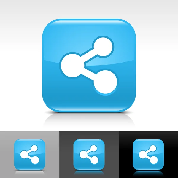 Modrý lesklý tlačítko s bílým podíl znamení. zaoblený tvar ikona s odleskem, stín na bílé, šedé, černé pozadí. vektorové ilustrace web design prvků v 8 eps — Stockový vektor