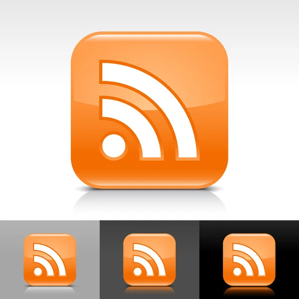 Bouton web brillant orange avec signe RSS blanc. Icône de forme carrée arrondie avec réflexion et ombre sur fond blanc, gris, noir. Illustration vectorielle éléments de conception en 8 eps — Image vectorielle