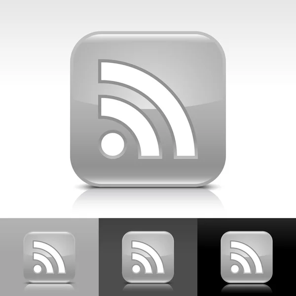 Grijze glanzend web knop met witte rss teken. afgerond vierkant icoon met reflectie en schaduw op witte, grijze, zwarte achtergrond. vector illustratie ontwerpelementen in 8 eps — Stockvector