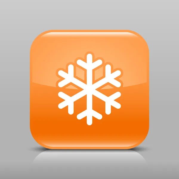 Botão laranja brilhante web com símbolo de floco de neve de sinal de baixa temperatura. Ícone de forma quadrada arredondada com sombra e reflexão sobre fundo cinza claro. Este elemento de design web ilustração vetorial em 8 eps — Vetor de Stock